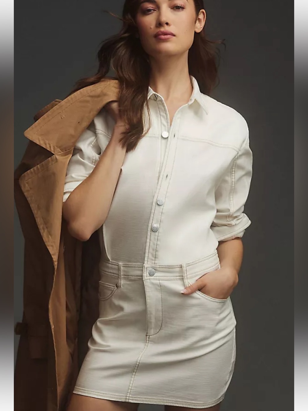 Pilcro Long-Sleeve Denim Micro Mini Shirt-Dress-Soft White (XL Petite)